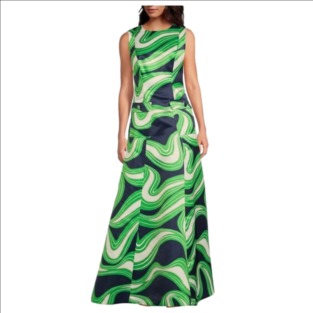 TRINA TURK Guinevere Dress Mod Retro Print Size 4 NWT $628 Retail Blue Green